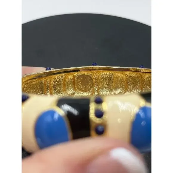 J. Crew Blue Enamel Tan Gold Tone Hinged Safety Chain Bangle Bracelet